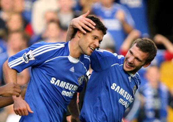 Michael Ballack (li.) und Andriy Shevchenko (beide Chelsea) - Torjubel -  Fußball Herren English Premier League 2006 2007, 1. Englische Liga, FC Chelsea London Gruppe London Freude, Fußball Herren English Premier League 2006 2007, 1. Englische Liga, FC Chelsea London Gruppe London Freude,