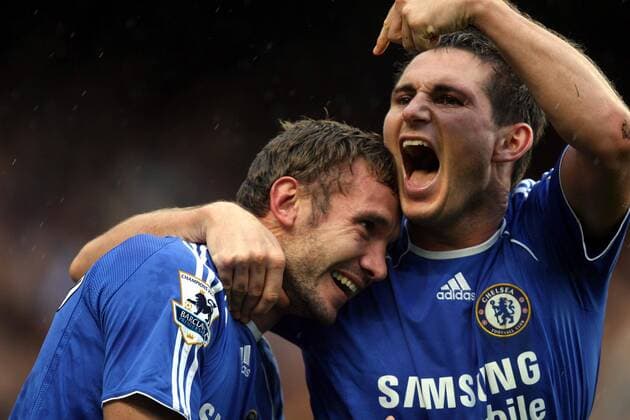 Frank Lampard (re.) feiert den Torschützen Andriy Shevchenko (beide Chelsea) -  Fußball Herren English Premier League 2006 2007, 1. Englische Liga, FC Chelsea London Gruppe London Freude, Begeisterung, Fußball Herren English Premier League 2006 2007, 1. Englische Liga, FC Chelsea London Gruppe London Freude, Begeisterung,