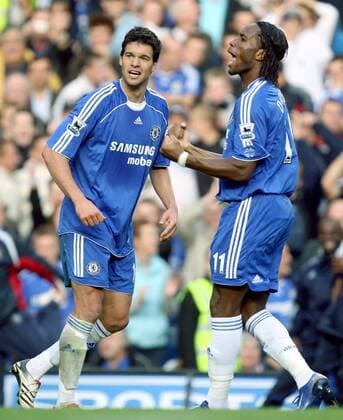 Michael Ballack (li.) und Didier Drogba (beide Chelsea) - Torjubel -  Fußball Herren English Premier League 2006 2007, 1. Englische Liga, FC Chelsea London Gruppe London Freude, Fußball Herren English Premier League 2006 2007, 1. Englische Liga, FC Chelsea London Gruppe London Freude,