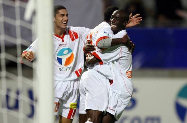 Torjubel Nancy, v.l.: Mickael Chretien, Tosin Dosunmu und Issiar Dia -  (pan16896) Fußball Herren Coupe de la Ligue 2006 2007, Französischer Ligapokal, AS Nancy Lorraine Gruppe Nancy Freude, Fußball Herren Coupe de la Ligue 2006 2007, Französischer Ligapokal, AS Nancy Lorraine Gruppe Nancy Freude,  
