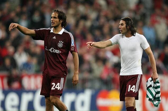 Roque Santa Cruz (li.) und Claudio Pizarro (beide Bayern) - Abgang Fußball EC 1 Herren Champions League 2006 2007, FC Bayern München Gruppe München Fußball EC 1 Herren Champions League 2006 2007, FC Bayern München Gruppe München