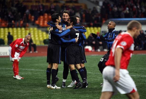 Torjubel Inter um Zlatan Ibrahimovic (Mitte) -  Fußball EC 1 Herren Champions League 2006 2007, Spartak Moskau - FC Internazionale Mailand 0:1 Gruppe Moskau Freude, Fußball EC 1 Herren Champions League 2006 2007, Spartak Moskau - FC Internazionale Mailand 0:1 Gruppe Moskau Freude,