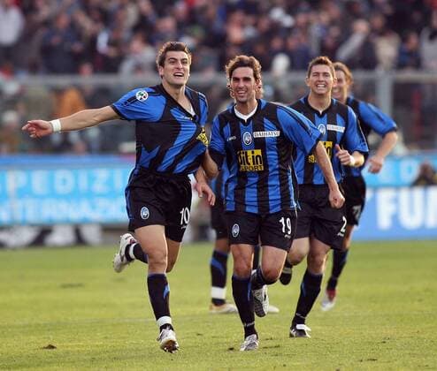 Torjubel Bergamo, v.li.: Nicola Ventola und Luca Ariatti -  Fußball Herren Serie A 2006 2007, 1. Italienische Liga, Atalanta Bergamo Gruppe Bergamo Begeisterung, Freude, Fußball Herren Serie A 2006 2007, 1. Italienische Liga, Atalanta Bergamo Gruppe Bergamo Begeisterung, Freude,