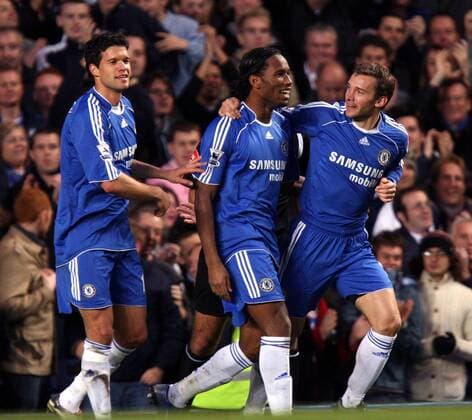 Torjubel Chelsea, v.re.: Andriy Shevchenko, Didier Drogba und Michael Ballack -  Fußball Herren English Premier League 2006 2007, 1. Englische Liga, Chelsea FC London Gruppe London Freude, Fußball Herren English Premier League 2006 2007, 1. Englische Liga, Chelsea FC London Gruppe London Freude,