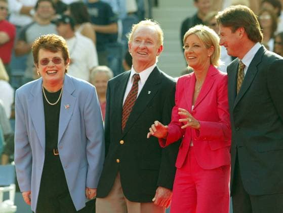 Die Tennislegenden Billy Jean King (USA), Rod Laver (Australien), Chris Evert und Jimmy Connors (beide USA) zeigen sich während den US Open 2003 -  (NYP2003090708) Tennis US Open 2003, Grand Slam, ATP Tour, WTA, Vdig Gruppe New York, NY, N.Y. Tennis US Open 2003, Grand Slam, ATP Tour, WTA, Vdig Gruppe New York, NY, N.Y.