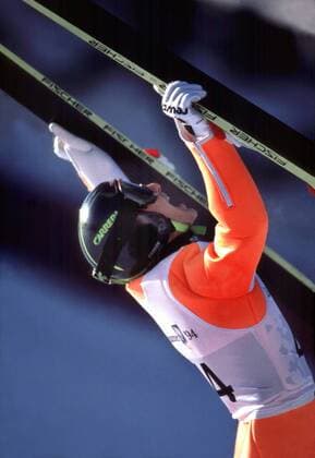 Jens Weissflog (Deutschland) schreit sein Glück in die Welt hinaus -  Skispringen OS Winter Herren Olympische Winterspiele 1994, Nordischer Skisport, Ski Nordisch, Skisprung Einzelbild Lillehammer Begeisterung, Freude, Skispringen OS Winter Herren Olympische Winterspiele 1994, Nordischer Skisport, Ski Nordisch, Skisprung Einzelbild Lillehammer Begeisterung, Freude,
