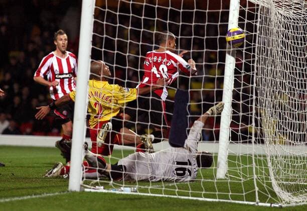 Danny Webber (Sheffield United, 2.v.re.) schießt das 1:0 gegen Torwart Richard Lee und James Chambers (beide Watford) -  Fußball Herren English Premier League 2006 2007, 1. Englische Liga, Watford FC - Sheffield United 0:1 Gruppe Watford Dynamik, Fußball Herren English Premier League 2006 2007, 1. Englische Liga, Watford FC - Sheffield United 0:1 Gruppe Watford Dynamik,