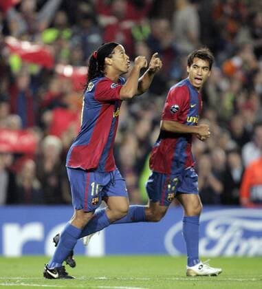 Ronaldinho (li.) und Giovanni van Bronckhorst (beide FC Barcelona) - Torjubel Fußball EC 1 Herren Champions League 2006 2007, FC Barcelona, Barca Gruppe Barcelona Freude, Fußball EC 1 Herren Champions League 2006 2007, FC Barcelona, Barca Gruppe Barcelona Freude,