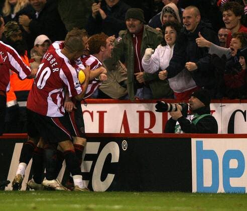 Torjubel Sheffield United - Torschütze Stephen Quinn (re.) und Danny Webber jubeln -  Fußball Herren English Premier League 2006 2007, 1. Englische Liga, Sheffield United Totale Sheffield Begeisterung, Freude, Fußball Herren English Premier League 2006 2007, 1. Englische Liga, Sheffield United Totale Sheffield Begeisterung, Freude,