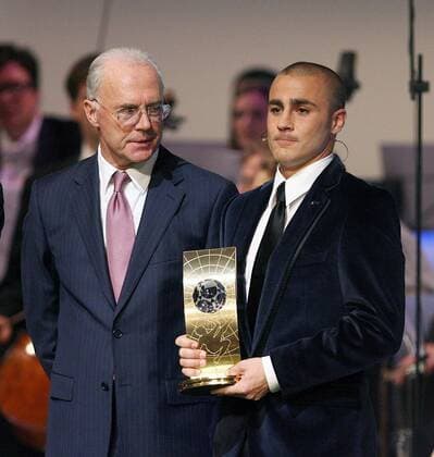 Fabio Cannavaro (Italien Real Madrid CF) - Weltfußballer des Jahres 2006 - mit seiner Trophäe, li. Franz Beckenbauer (Deutschland FC Bayern München) - Fußball Herren Wahl zum Weltfußballer des Jahres 2006, FIFA World Player Gala, Award, Awards Gruppe Aufsichtsratsvorsitzender, Aufsichtsrat Zürich, Vorstand, Vorsitzender Fußball Herren Wahl zum Weltfußballer des Jahres 2006, FIFA World Player Gala, Award, Awards Gruppe Aufsichtsratsvorsitzender, Aufsichtsrat Zürich, Vorstand, Vorsitzender