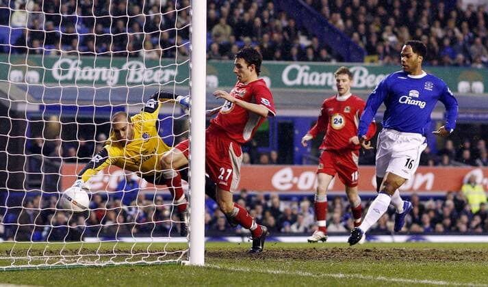 Matt Derbyshire (Blackburn, Mitte) trifft gegen Torwart Tim Howard (Everton) - EDITORIAL USE ONLY. No use with unauthorised audio, video, data, fixture lists, club league logos or live services. Online in-match use limited to 120 images, no video emulation. No use in betting, games or single club league player publications. Fußball Herren English FA Cup 2006 2007, Englischer Pokal, Pokalspiel, Everton FC - Blackburn Rovers 1:4 Gruppe Liverpool Fußball Herren English FA Cup 2006 2007, Englischer Pokal, Pokalspiel, Everton FC - Blackburn Rovers 1:4 Gruppe Liverpool