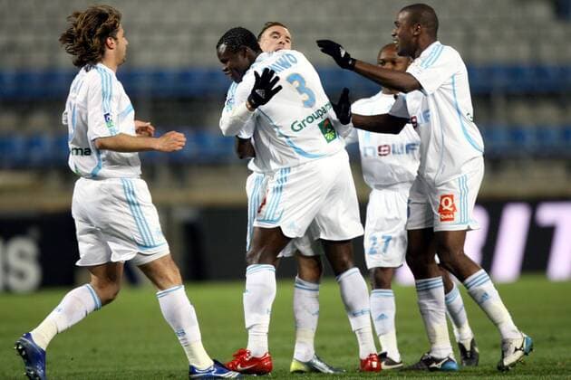 Torjubel Marseille, v.li. Lorik Cana, Franck Ribery, Taye Taiwo und Ronald Zubar -  (pan18379) Fußball Herren Ligue 1 2006 2007, 1. Französische Liga, Olympique de Marseille Gruppe Marseille Freude, Fußball Herren Ligue 1 2006 2007, 1. Französische Liga, Olympique de Marseille Gruppe Marseille Freude,  