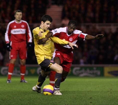 George Boateng (Middlesbrough, re.) gegen Cesc Fabregas (Arsenal) -  Fußball Herren English Premier League 2006 2007, 1. Englische Liga, Middlesbrough FC - Arsenal London FC 1:1 Gruppe Middlesbrough Dynamik, Kampf, Fußball Herren English Premier League 2006 2007, 1. Englische Liga, Middlesbrough FC - Arsenal London FC 1:1 Gruppe Middlesbrough Dynamik, Kampf,