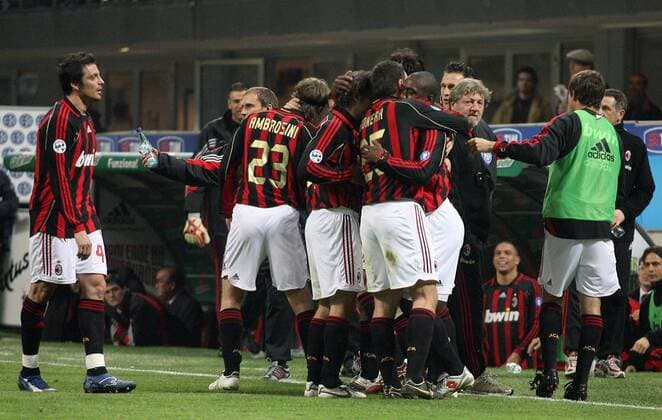 Torjubel AC Mailand, u.a.v.li.: Massimo Oddo, Massimo Ambrosini, Andrea Pirlo, Daniele Bonera, Clarence Seedorf - Fußball Herren Serie A 2006 2007, 1. Italienische Liga, AC Mailand Gruppe Milan Mailand Begeisterung, Freude, Fußball Herren Serie A 2006 2007, 1. Italienische Liga, AC Mailand Gruppe Milan Mailand Begeisterung, Freude,
