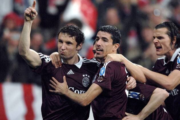 Torjubel Bayern, v.li.: Mark van Bommel, Roy Makaay und Daniel van Buyten Fußball EC 1 Herren Champions League 2006 2007, FC Bayern München Gruppe Achtelfinale München Freude, Fußball EC 1 Herren Champions League 2006 2007, FC Bayern München Gruppe Achtelfinale München Freude,
