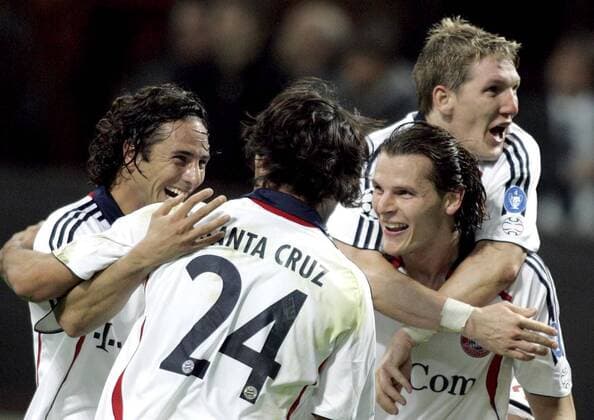 Torjubel Bayern, v.li.: Claudio Pizarro, Roque Santa Cruz, Daniel van Buyten und Bastian Schweinsteiger Fußball EC 1 Herren Champions League 2006 2007, FC Bayern München Gruppe Mailand Begeisterung, Freude, Fußball EC 1 Herren Champions League 2006 2007, FC Bayern München Gruppe Mailand Begeisterung, Freude,