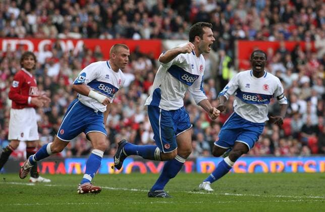 Torjubel Middlesbrough, v.re.: George Boateng, Torschütze Mark Viduka und Lee Cuttermole - Fußball Herren English Premier League 2006 2007, 1. Englische Liga, Manchester United - FC Middlesbrough 1:1, ManU Gruppe Manchester Begeisterung, Freude, Fußball Herren English Premier League 2006 2007, 1. Englische Liga, Manchester United - FC Middlesbrough 1:1, ManU Gruppe Manchester Begeisterung, Freude,