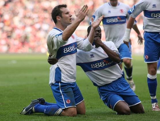 Torschütze Mark Viduka (li.) und George Boateng (beide Middlesbrough) - Torjubel -  Fußball Herren English Premier League 2006 2007, 1. Englische Liga, FC Middlesbrough Gruppe Manchester Begeisterung, Freude, Fußball Herren English Premier League 2006 2007, 1. Englische Liga, FC Middlesbrough Gruppe Manchester Begeisterung, Freude,