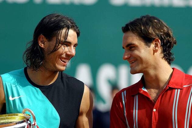Sieger Rafael Nadal (Spanien, li.) und sein Kontrahent Roger Federer (Schweiz) können auch nach dem Finale von Monte Carlo Open 2007 miteinander lachen - (pan19970) Tennis Herren Monte Carlo Open 2007, Masters Series, ATP Tour, Finale, Endspiel Gruppe Monte Carlo Harmonie, Freude, Tennis Herren Monte Carlo Open 2007, Masters Series, ATP Tour, Finale, Endspiel Gruppe Monte Carlo Harmonie, Freude,