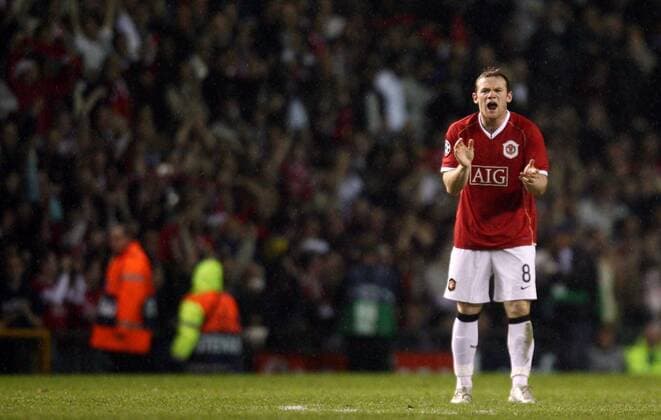 Wayne Rooney (Manchester United) treibt seine Mannschaft an -  Fußball EC 1 Herren Champions League 2006 2007, Halbfinale, Manchester United, ManU Einzelbild Manchester Ungeduld, Fußball EC 1 Herren Champions League 2006 2007, Halbfinale, Manchester United, ManU Einzelbild Manchester Ungeduld,