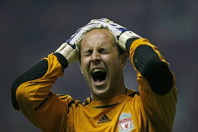Torwart Jose Manuel Reina (Liverpool) - Schlussjubel - EDITORIAL USE ONLY. No use with unauthorised audio, video, data, fixture lists, club league logos or live services. Online in-match use limited to 120 images, no video emulation. No use in betting, games or single club league player publications. Fußball EC 1 Herren Champions League 2006 2007, Halbfinale, FC Liverpool Einzelbild Liverpool Freude, Begeisterung, Fußball EC 1 Herren Champions League 2006 2007, Halbfinale, FC Liverpool Einzelbild Liverpool Freude, Begeisterung,