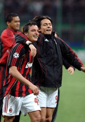 Massimo Oddo (li.) und Filippo Inzaghi (beide AC Mailand) - Fußball EC 1 Herren Champions League 2006 2007, Halbfinale, AC Mailand, Milan, Gruppe Mailand Freude, Fußball EC 1 Herren Champions League 2006 2007, Halbfinale, AC Mailand, Milan, Gruppe Mailand Freude,