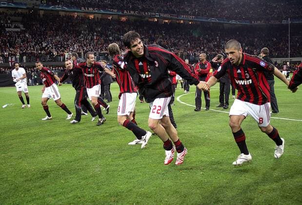 Schlussjubel AC Mailand, u.a. Kaka (2.v.re.) und Gennaro Gattuso (re.) - Fußball EC 1 Herren Champions League 2006 2007, Halbfinale, AC Mailand, Milan, Gruppe Mailand Freude, Begeisterung, Fußball EC 1 Herren Champions League 2006 2007, Halbfinale, AC Mailand, Milan, Gruppe Mailand Freude, Begeisterung,