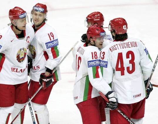 Torjubel Weißrußland Eishockey WM Herren WM 2007, Länderspiel, Nationalteam, Nationaltrikot Gruppe Moskau Freude, Eishockey WM Herren WM 2007, Länderspiel, Nationalteam, Nationaltrikot Gruppe Moskau Freude,