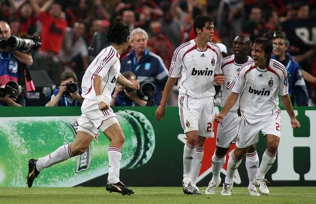 Torjubel AC Mailand, v. re.: Andrea Pirlo, Clarence Seedorf, Kaka und Filippo Inzaghi - Fußball EC 1 Herren Champions League 2006 2007, Finale, Endspiel, Milan Gruppe Athen Freude, Begeisterung, Fußball EC 1 Herren Champions League 2006 2007, Finale, Endspiel, Milan Gruppe Athen Freude, Begeisterung,