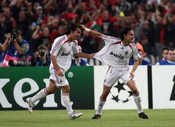 Andrea Pirlo (li.) und Filippo Inzaghi (beide AC Mailand) - Torjubel - Fußball EC 1 Herren Champions League 2006 2007, Finale, Endspiel, Milan Gruppe Athen Freude, Begeisterung, Fußball EC 1 Herren Champions League 2006 2007, Finale, Endspiel, Milan Gruppe Athen Freude, Begeisterung,