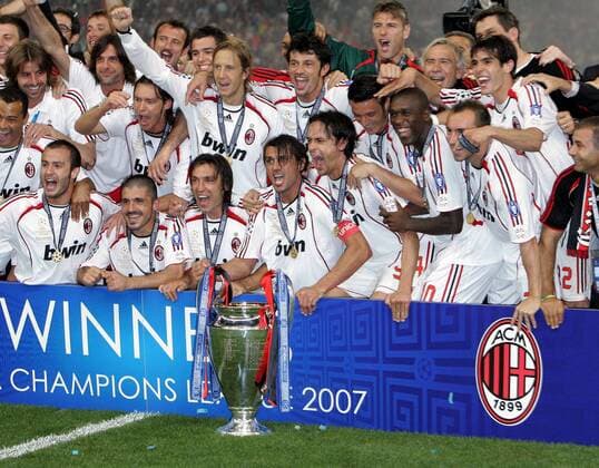Mannschaftsjubel AC Mailand Fußball EC 1 Herren Champions League 2006 2007, Finale, Endspiel, AC Mailand, Milan Totale Athen Glück, Freude, Begeisterung, Fußball EC 1 Herren Champions League 2006 2007, Finale, Endspiel, AC Mailand, Milan Totale Athen Glück, Freude, Begeisterung,
