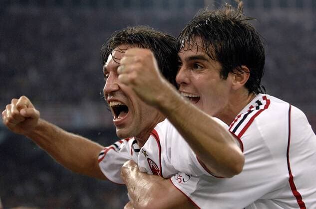Andrea Pirlo (li.) und Kaka (beide AC Mailand) - Torjubel Fußball EC 1 Herren Champions League Finale 2006 2007, Endspiel, Milan Gruppe Athen Freude, Begeisterung, Fußball EC 1 Herren Champions League Finale 2006 2007, Endspiel, Milan Gruppe Athen Freude, Begeisterung,