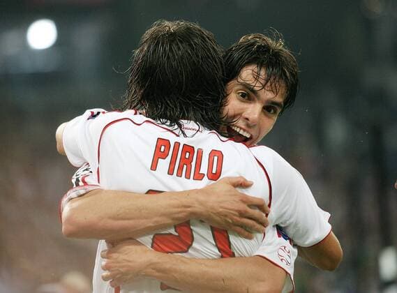 Kaka (hi.) und Andrea Pirlo (beide AC Mailand) - Torjubel - Fußball EC 1 Herren Champions League 2006 2007, Finale, Endspiel, AC Mailand, Milan Gruppe Athen Freude, Fußball EC 1 Herren Champions League 2006 2007, Finale, Endspiel, AC Mailand, Milan Gruppe Athen Freude,