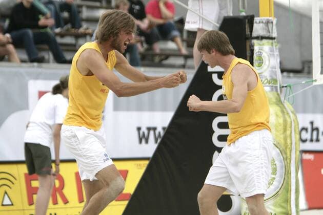 Malte Nagursky (li.) und Stefan Windscheif (Deutschland) jubeln Beachvolleyball Herren Smart Beach Tour Dresden 2007 Gruppe Dresden Freude, Begeisterung, Beachvolleyball Herren Smart Beach Tour Dresden 2007 Gruppe Dresden Freude, Begeisterung,