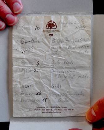 Der Notizzettel von Torwart Jens Lehmann (Deutschland), auf dem die Informationen über die argentinischen Elfmeterschützen beim Viertelfinale der WM 2006 in Dortmund stehen, wird im Haus der Geschichte in Bonn ausgestellt Fußball WM Herren Nationalteam 2007, Rückblick FIFA WM 2006 Einzelbild Bonn Fußball WM Herren Nationalteam 2007, Rückblick FIFA WM 2006 Einzelbild Bonn