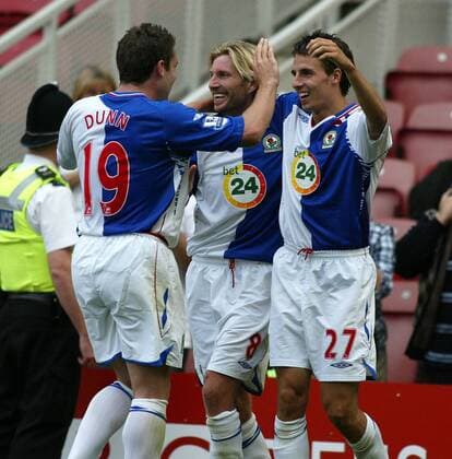 David Dunn, Matt Derbyshire (re.) und Robbie Savage (alle Blackburn) - Schlußjubel -  Fußball Herren English Premier League 2007 2008, 1. Englische Liga, Blackburn Rovers Gruppe Middlesbrough Freude, Fußball Herren English Premier League 2007 2008, 1. Englische Liga, Blackburn Rovers Gruppe Middlesbrough Freude,
