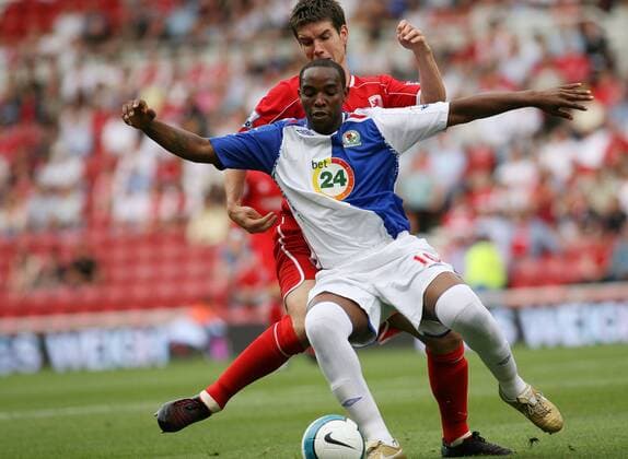 Benny McCarthy (Blackburn, vorn) gegen Chris Riggott (Middlesbrough) -  Fußball Herren English Premier League 2007 2008, 1. Englische Liga, Middlesbrough FC - Blackburn Rovers 1:2 Gruppe Middlesbrough Dynamik, Fußball Herren English Premier League 2007 2008, 1. Englische Liga, Middlesbrough FC - Blackburn Rovers 1:2 Gruppe Middlesbrough Dynamik,