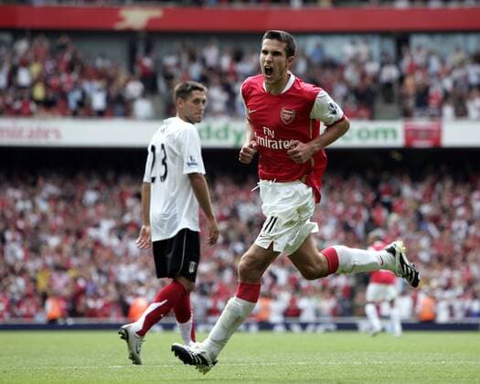 Robin van Persie (Arsenal) - Torjubel -  Fußball Herren English Premier League 2007 2008, 1. Englische Liga, Arsenal FC London - Fulham FC 2:1 Einzelbild London Begeisterung, Freude, Fußball Herren English Premier League 2007 2008, 1. Englische Liga, Arsenal FC London - Fulham FC 2:1 Einzelbild London Begeisterung, Freude,