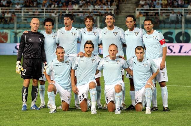 Mannschaftsfoto Lazio Rom, hi.v.li.: Torwart Marco Ballotta, Christian Daniel Ledesma, Cribari, Stefano Mauri, Guglielmo Stendardo, Simone Inzaghi, Luciano Zauri; vorn: Lorenzo De Silvestri, Valon Behrami, Massimo Mutarelli...- Fußball Herren Serie A 2007 2008, 1. Italienische Liga, Testspiel, Test, Lazio Rom Totale Rom Fußball Herren Serie A 2007 2008, 1. Italienische Liga, Testspiel, Test, Lazio Rom Totale Rom