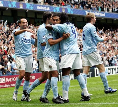 Torjubel Manchester City mit Geovanni (Mitte) - EDITORIAL USE ONLY. No use with unauthorised audio, video, data, fixture lists, club league logos or live services. Online in-match use limited to 120 images, no video emulation. No use in betting, games or single club league player publications. Fußball Herren English Premier League 2007 2008 1. Englische Liga Manchester City Gruppe Manchester Freude, Fußball Herren English Premier League 2007 2008 1. Englische Liga Manchester City Gruppe Manchester Freude,