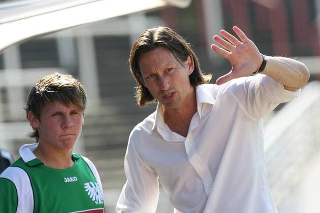 Trainer Roger Schmidt im Gespräch mit Robert Magos (beide Münster) Fußball Herren Oberliga Westfalen, Saison 2007 2008, SC Preußen Münster Gruppe Münster Fußball Herren Oberliga Westfalen, Saison 2007 2008, SC Preußen Münster Gruppe Münster