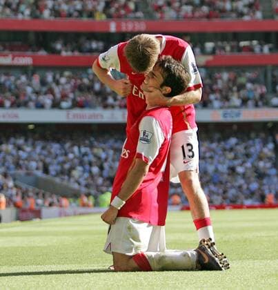 Torjubel Arsenal, Cesc Fabregas (vorn) und Aliaksandr Hleb - EDITORIAL USE ONLY. No use with unauthorised audio, video, data, fixture lists, club league logos or live services. Online in-match use limited to 120 images, no video emulation. No use in betting, games or single club league player publications. Fußball Herren English Premier League 2007 2008, 1. Englische Liga, Arsenal FC London Gruppe London Freude, Begeisterung, Fußball Herren English Premier League 2007 2008, 1. Englische Liga, Arsenal FC London Gruppe London Freude, Begeisterung,