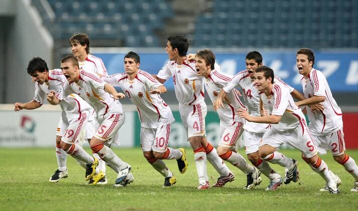 Schlußjubel Spanien U 17 nach dem Erfolg im Elfmeterschießen Fußball Länderspiel Herren U17 WM 2007, Nationalmannschaft, Nationaltrikot, Junioren, Viertelfinale Totale Jeju Begeisterung, Freude, Fußball Länderspiel Herren U17 WM 2007, Nationalmannschaft, Nationaltrikot, Junioren, Viertelfinale Totale Jeju Begeisterung, Freude,