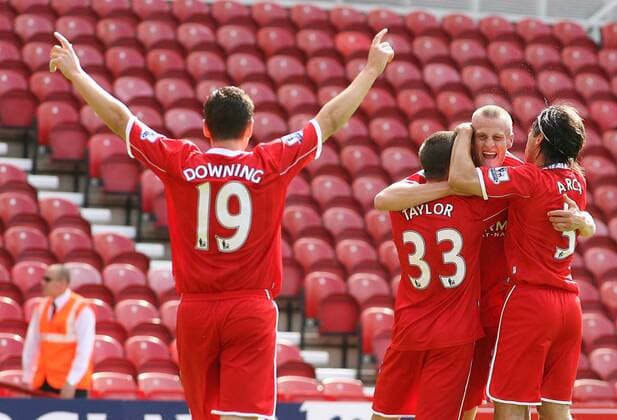 Torjubel Middlesbrough - Torschütze David Wheater (2.v.re.) lässt sich feiern -  Fußball Herren English Premier League 2007 2008, 1. Englische Liga, Middlesbrough FC Gruppe Middlesbrough Freude, Fußball Herren English Premier League 2007 2008, 1. Englische Liga, Middlesbrough FC Gruppe Middlesbrough Freude,