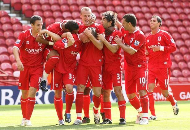 Torjubel Middlesbrough - Torschütze David Wheater (Mitte) lässt sich feiern -  Fußball Herren English Premier League 2007 2008, 1. Englische Liga, Middlesbrough FC Gruppe Middlesbrough Freude, Fußball Herren English Premier League 2007 2008, 1. Englische Liga, Middlesbrough FC Gruppe Middlesbrough Freude,