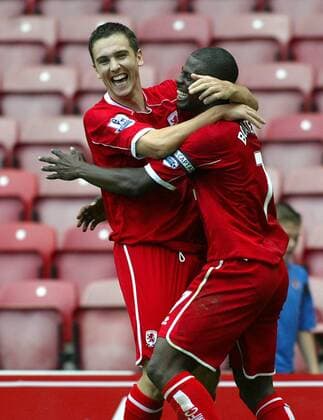 Stewart Downing (li.) und George Boateng (beide Middlesbrough) - Torjubel -  Fußball Herren English Premier League 2007 2008, 1. Englische Liga, Middlesbrough FC Gruppe Middlesbrough Freude, Fußball Herren English Premier League 2007 2008, 1. Englische Liga, Middlesbrough FC Gruppe Middlesbrough Freude,