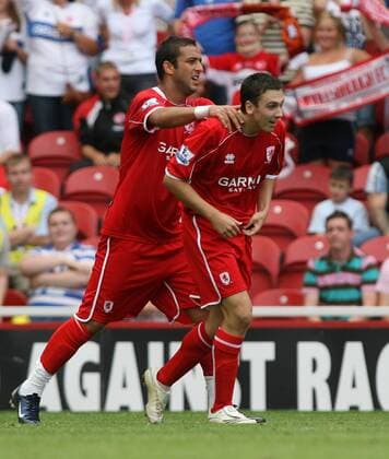 Stewart Downing (re.) und Ahmed Mido Hossam (beide Middlesbrough) - Torjubel -  Fußball Herren English Premier League 2007 2008, 1. Englische Liga, Middlesbrough FC Gruppe Middlesbrough Freude, Fußball Herren English Premier League 2007 2008, 1. Englische Liga, Middlesbrough FC Gruppe Middlesbrough Freude,