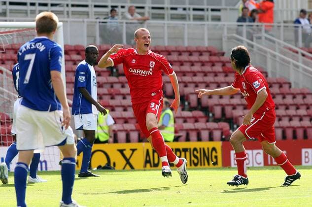 David Wheater (Middlesbrough, Mitte) - Torjubel, daneben enttäuschte Spieler aus Birmingham - Fußball Herren English Premier League 2007 2008, 1. Englische Liga, Middlesbrough FC - Birmingham City 2:0 Gruppe Middlesbrough Freude, Begeisterung, Fußball Herren English Premier League 2007 2008, 1. Englische Liga, Middlesbrough FC - Birmingham City 2:0 Gruppe Middlesbrough Freude, Begeisterung,