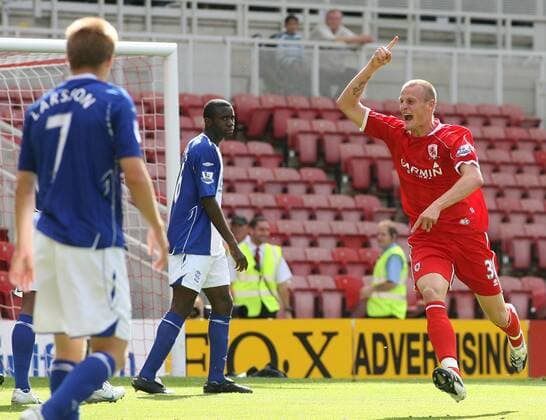 David Wheater (Middlesbrough, re) - Torjubel, daneben enttäuschte Spieler aus Birmingham - Fußball Herren English Premier League 2007 2008, 1. Englische Liga, Middlesbrough FC - Birmingham City 2:0 Gruppe Middlesbrough Freude, Begeisterung, Fußball Herren English Premier League 2007 2008, 1. Englische Liga, Middlesbrough FC - Birmingham City 2:0 Gruppe Middlesbrough Freude, Begeisterung,