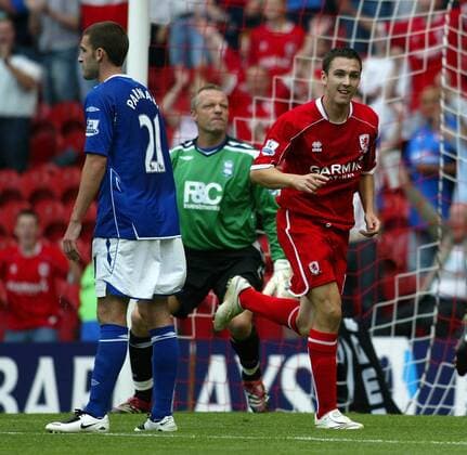 Stewart Downing (Middlesbrough, re.) - Torjubel, Stuart Parnaby (li.) und Torwart Maik Taylor (beide Birmingham City) sind enttäuscht -  Fußball Herren English Premier League 2007 2008, 1. Englische Liga, Middlesbrough FC - Birmingham City 2:0 Gruppe Middlesbrough Freude, Fußball Herren English Premier League 2007 2008, 1. Englische Liga, Middlesbrough FC - Birmingham City 2:0 Gruppe Middlesbrough Freude,